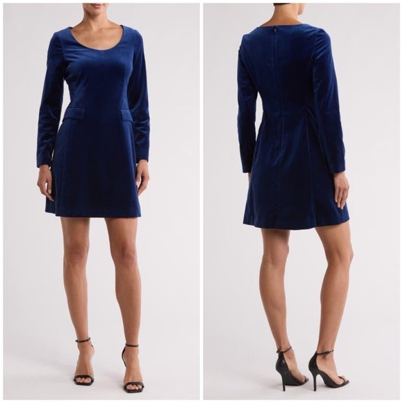 New Theory Stretch Velvet Velour Shift Dress Flap Pockets Long Sleeve Blue Sz 2 - Picture 1 of 11